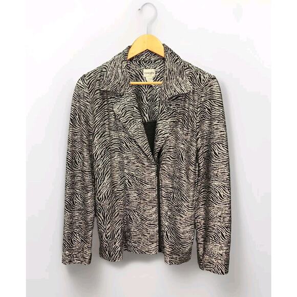 Chico's Black Metallic Silver Jacket Zip Zebra Size 1 Medium stretch Pockets - Picture 3 of 15